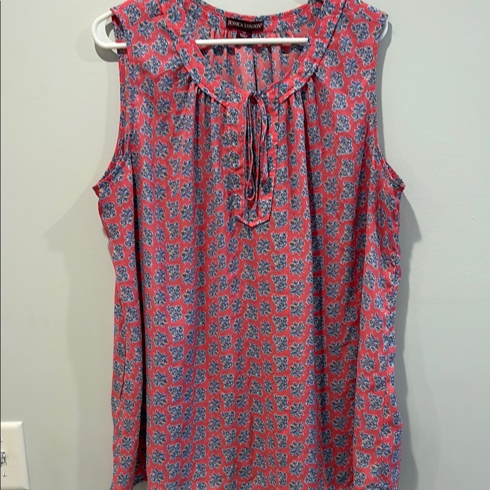 Jessica London Sleeveless Pink and Blue Blouse with Bib Collar